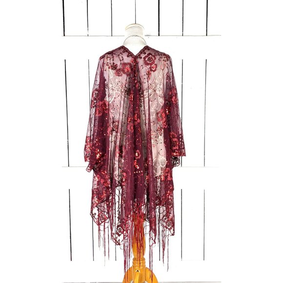 Red sheer net sequin floral kimono cover up fringe  jacket - Picture 5 of 5